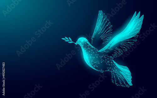 Low poly art dove of peace. World Day pigeon hope emblem against military conflict violence poster drawing sketch. National bird stop no war vector illustration