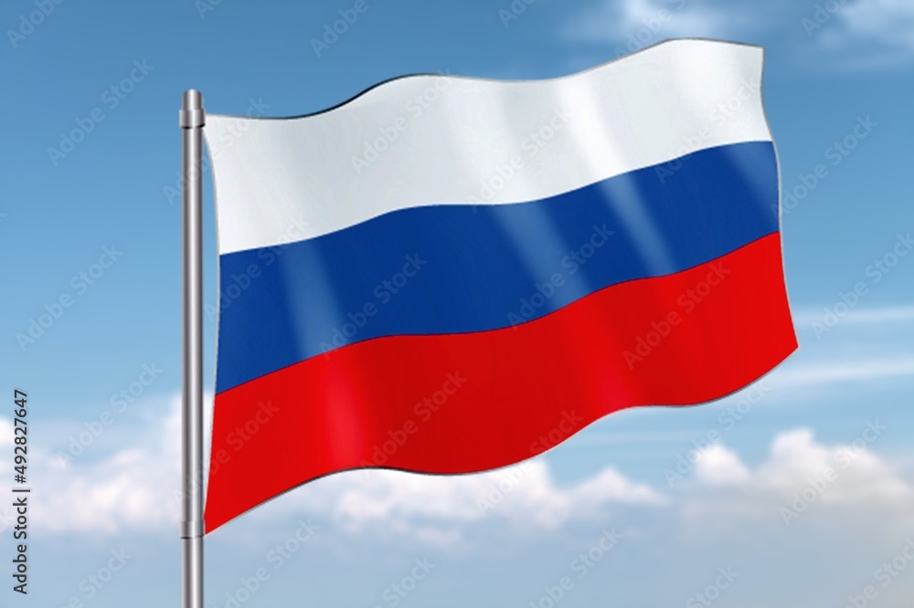 Russian tricolor flag waving in the wind against sky. Russian tricolor flag waving in the wind against sky.
