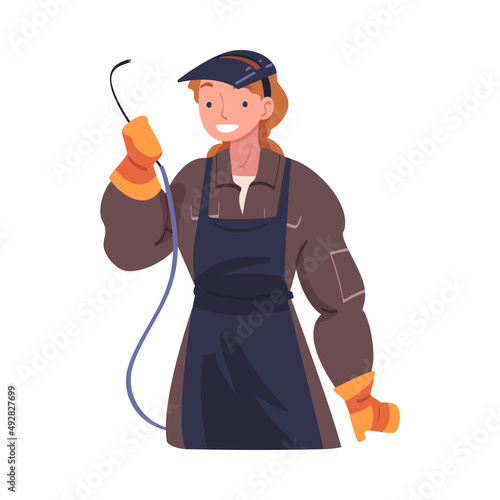 Young Woman Welder in Uniform with Welding Equipment Vector Illustration