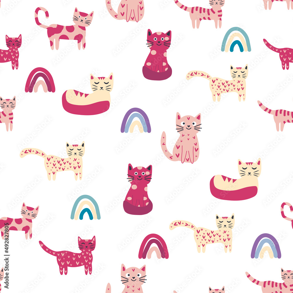 Childish seamless pattern with animals and rainbow. Kids pastel textile print