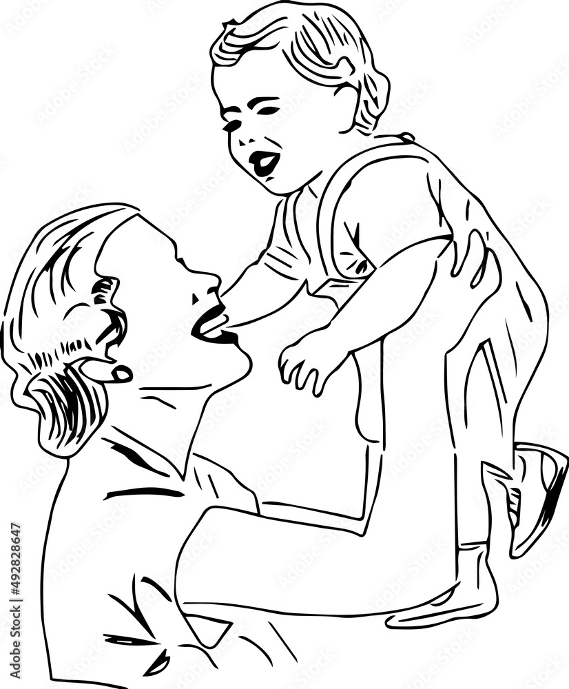 line art illustration of mother kissing her son, Outline sketch drawing of mother and son