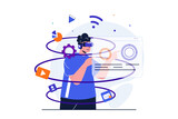 Cyberspace modern flat concept for web banner design. Man in VR glasses explores augmented reality on simulated dashboard. Cyber technology education. Illustration with isolated people scene