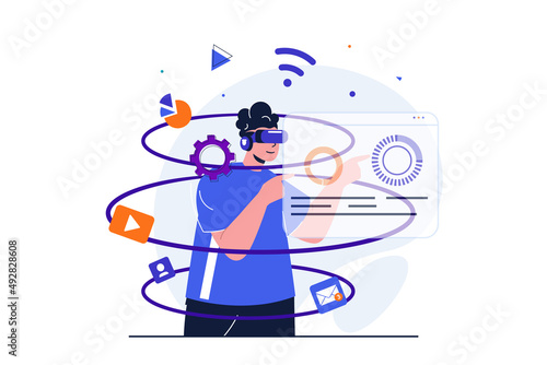 Cyberspace modern flat concept for web banner design. Man in VR glasses explores augmented reality on simulated dashboard. Cyber technology education. Illustration with isolated people scene