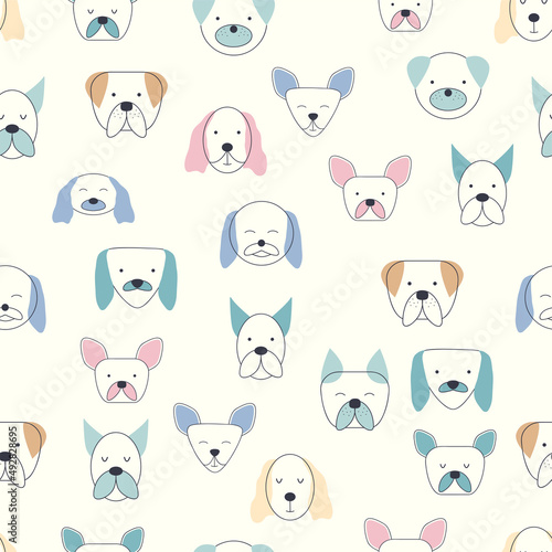 Seamless childish pattern with dog animal faces. Creative nursery background