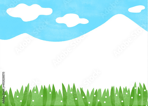 青空と山と野原のシンプルイラスト
