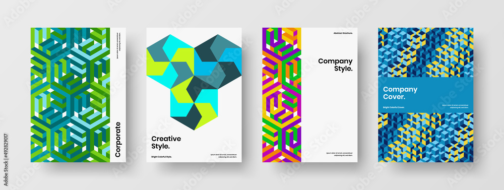 Creative geometric hexagons book cover concept collection. Isolated annual report A4 vector design layout composition.