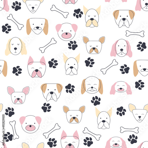 Seamless childish pattern with dog animal faces. Creative nursery background