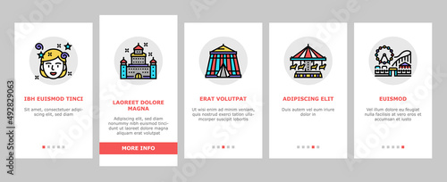 Amusement Park Entertainment Onboarding Mobile App Page Screen Vector. Amusement Park Rollercoaster Attraction Swing Carousel, Circus Clown Spectacle Festival . Popcorn Food And Ticket Illustrations