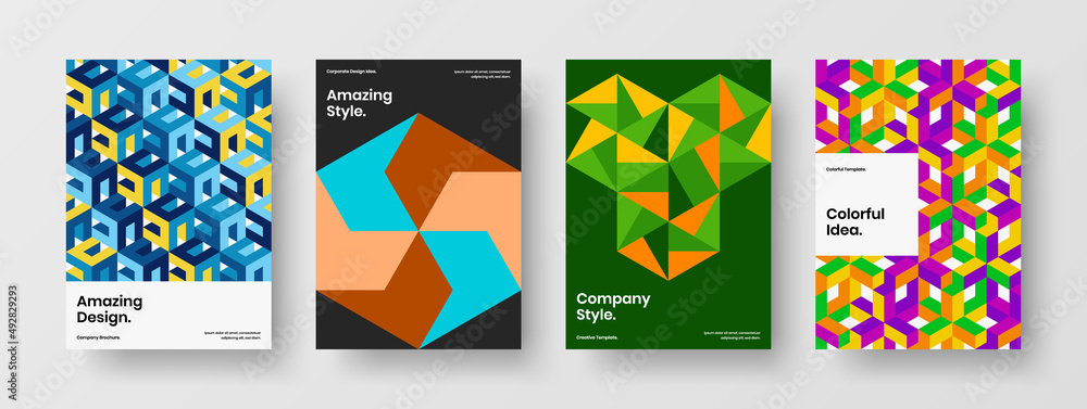 Colorful catalog cover A4 vector design concept composition. Multicolored mosaic tiles pamphlet template set.