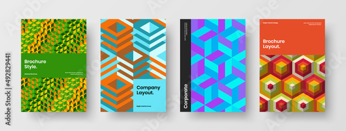Premium mosaic hexagons journal cover illustration bundle. Bright company identity vector design concept composition.