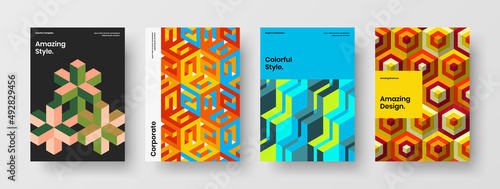 Trendy geometric hexagons presentation layout collection. Colorful company cover A4 design vector illustration set.