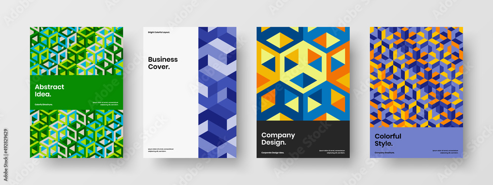 Colorful mosaic shapes leaflet concept bundle. Isolated corporate cover A4 vector design illustration collection.