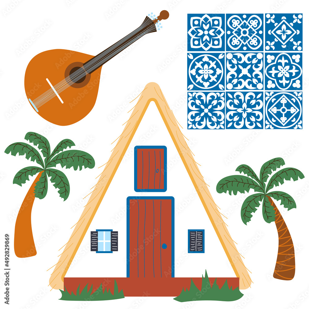 Palheiro. Portuguese traditional house. Triangular white house in Santana village in the east of Madeira island.