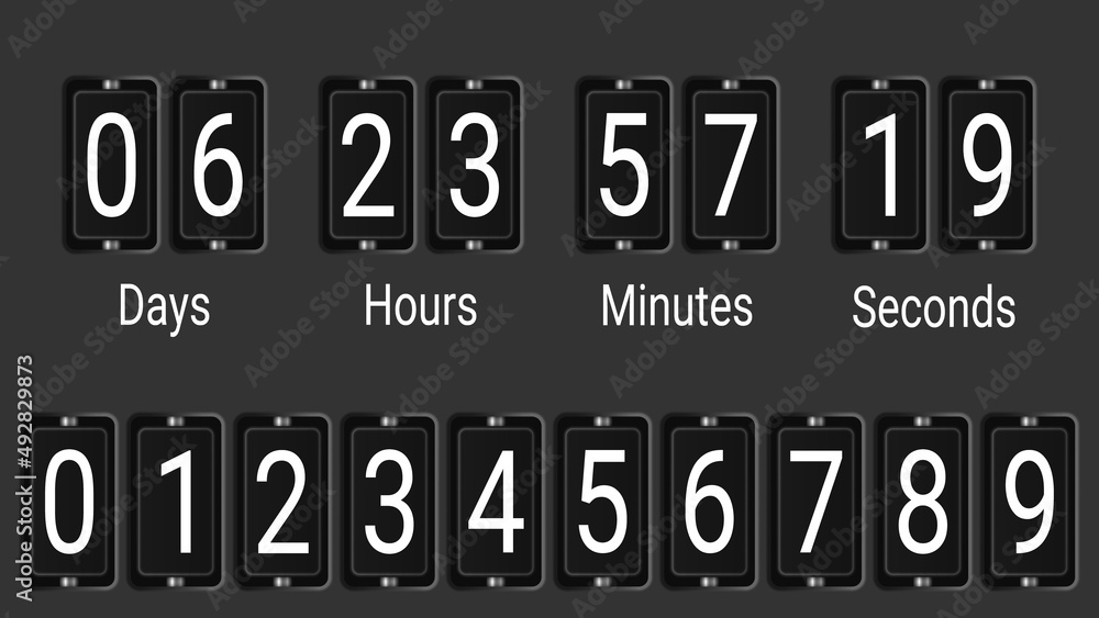 Flip scoreboard countdown counter timer. Countdown board of remaining time with day, hour, minute and second scoreboards. Vector illustration. Flip scoreboard countdown counter timer. Countdown board of remaining time with day, hour, minute and second scoreboards. Vector illustration.