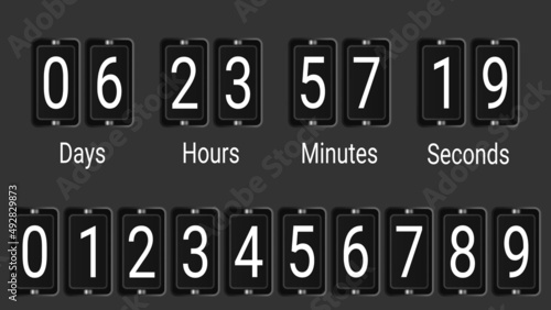 Flip scoreboard countdown counter timer. Countdown board of remaining time with day, hour, minute and second scoreboards. Vector illustration.