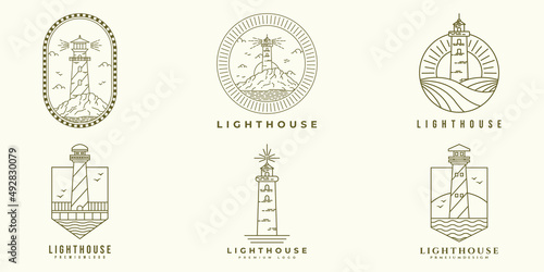 Set Bundle of Lighthouse logo vector illustration design, line art style logo, badge logo