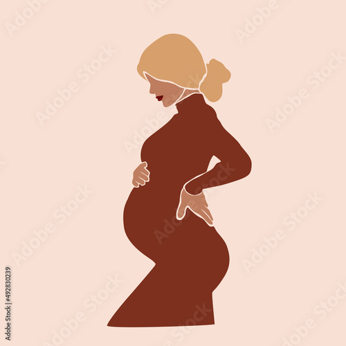 Pregnancy. Pregnant woman touching her belly. Motherhood. Happy Mother's Day. Paper cut mosaic style.Pretty women with tummy. Hand drawn vector contemporary abstract illustration