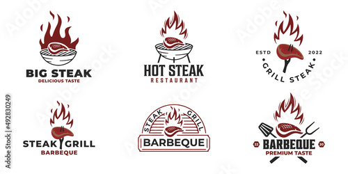 Set Bundle of Steak barbecue logo vector illustration design, Hot Steak grill barbecue logo template