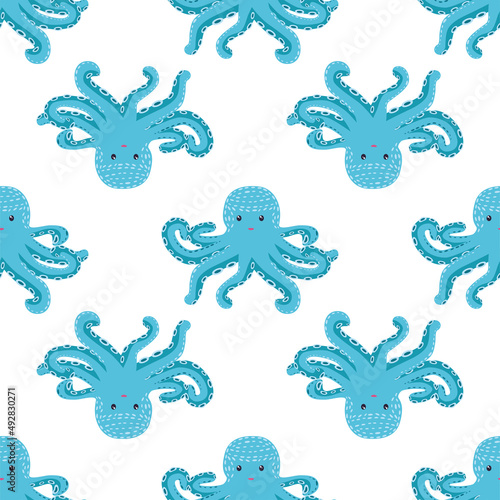 Seamless pattern with cute octopus  seaweed and pearl. Trendy nursery background