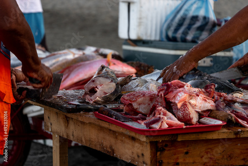 Rustic table with raw fish and hands cutting it.