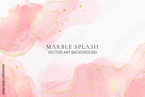Rose pink liquid watercolor background with golden lines. Royal elegant blush marble alcohol ink drawing effect. Bridal vector illustration for wedding invitation, menu, rsvp design