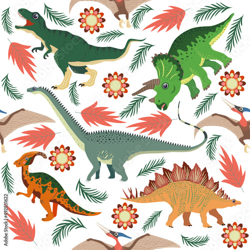 Doodle dinosaur pattern. Seamless textile dragon print  trendy childish fabric background  cartoon dinosaurs.