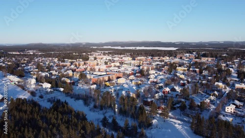 Spectacular Aerial View of the Residential Neighbourhood in Arvidsjaur, Sweden, After Snowfall photo