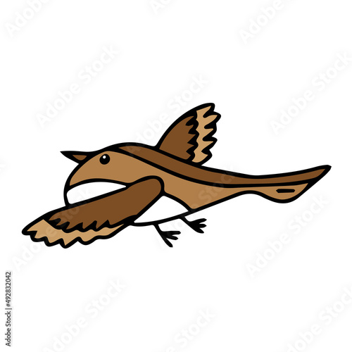 Hand-drawn black vector illustration of one brown sparrow bird is flying on a white background