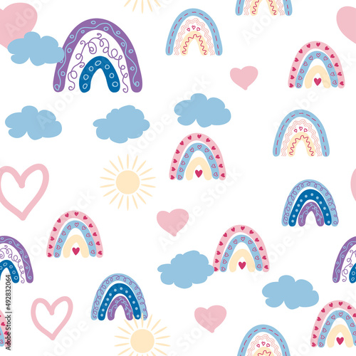 Rainbow seamless pattern in pastel colors. Scandinavian baby hand drawn illustration for textiles and newborn clothes.