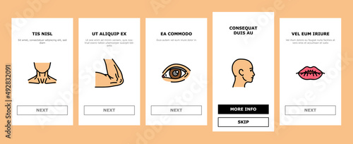 Body And Facial People Parts Onboarding Mobile App Page Screen Vector. Female And Male, Kid And Adult Face, Wrist Arm Muscle, Breast And Leg Human Body . Lip And Nose, Eyebrow And Eye Illustrations