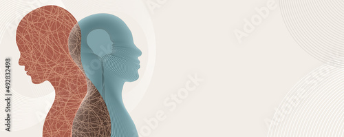 Metaphor bipolar disorder mind mental. Concept mood disorder. 2 Head silhouette. Double face. Split personality. Psychology. Dual personality concept. Mental health. Tangle and untangle