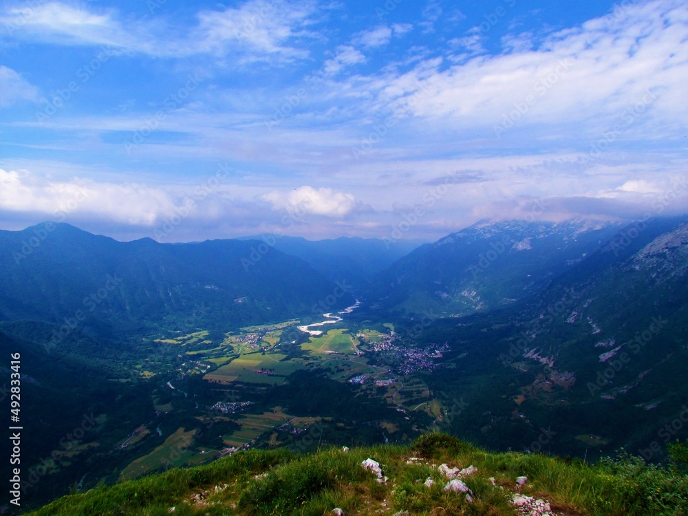 View of Bovec basin with the town of Bovec and village of Cezsoca in North Primorska region of Slovenia
