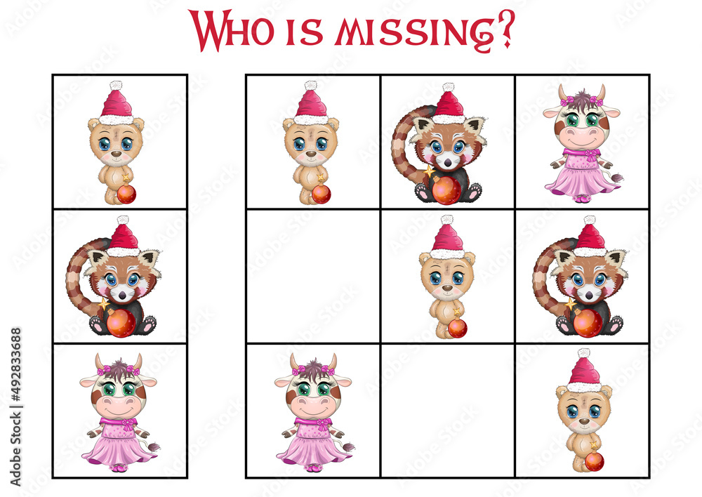 Fototapeta premium Sudoku game for children with pictures. Kids activity sheet. Cartoon animal