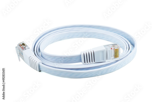 Flat white ethernet (copper, RJ45) patchcord isolated on white background