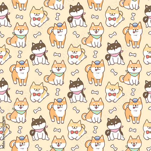 Fototapeta Naklejka Na Ścianę i Meble -  Seamless pattern of cute cartoon shiba inu dog illustration design on yellow background.