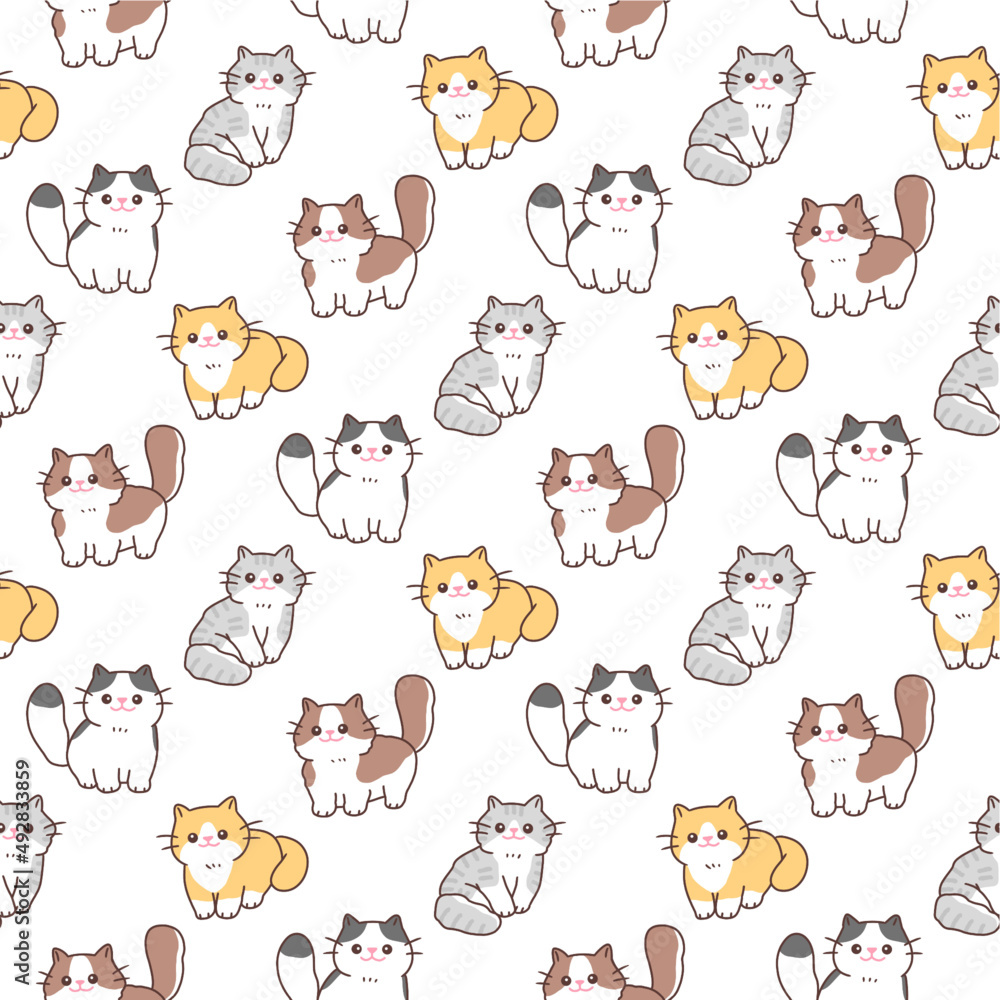 Seamless pattern of cute cartoon cat illustration design on white background. Seamless pattern of cute cartoon cat illustration design on white background.