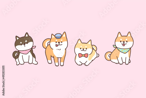 Vector illustration of cute cartoon shiba inu dog characters on pink background.