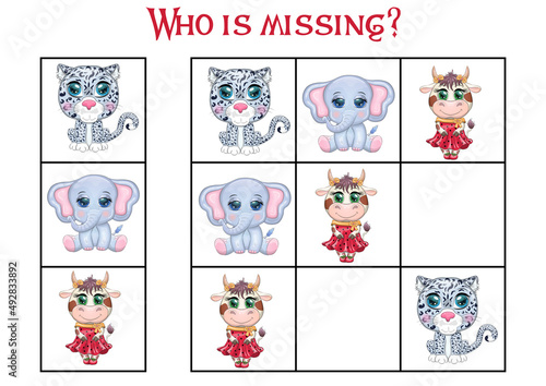 Sudoku game for children with pictures. Kids activity sheet. Cartoon animal
