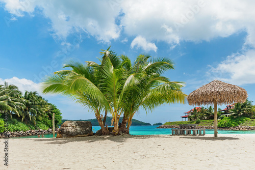 Tropical beach with palm trees, sun loungers and an umbrella in the Seychelles at Eden Island