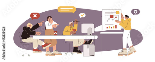 Brainstorm or hackathon concept. Flat teamwork develop creative startup project. Programming team create software development. Business training, seminar or conference in office with graph analysis.