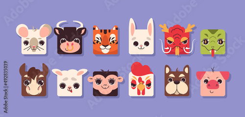 Flat chinese zodiac animals element for months year. Cute colorful square animal faces. App avatar icon set  design sings. Kid collection head shape of pet symbol in china calendar.