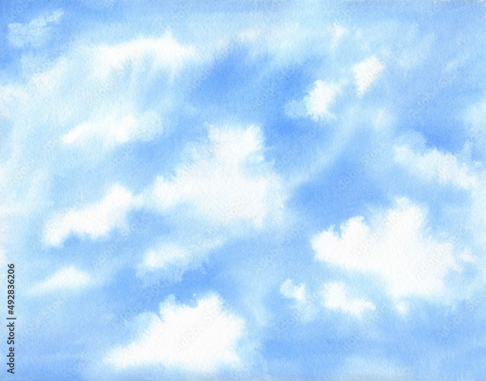 Blue sky and white clouds, watercolor background. Hand drawn illustration. Image for inscription, banner, postcard, natural design. Blue sky and white clouds, watercolor background. Hand drawn illustration. Image for inscription, banner, postcard, natural design.