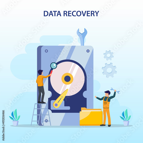 flat vector concept of data recovery services, data backup and protection, hardware repair.