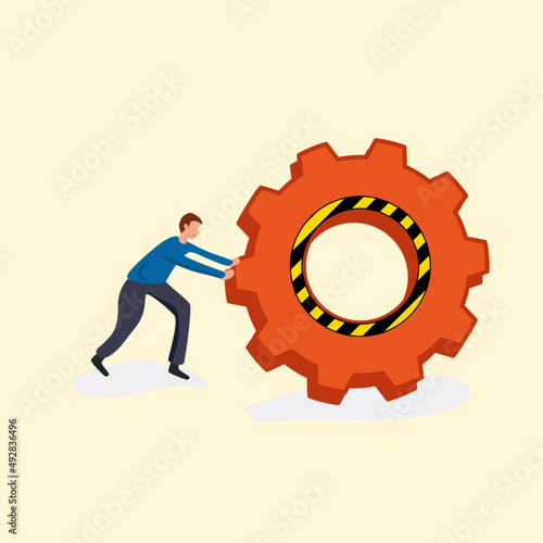 Man pushing big gear. concept of business. illustration
