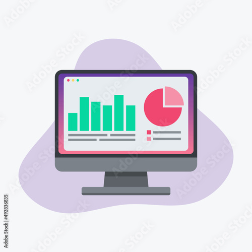 Data analysis concept. Statistic, chart and graph on computer display. Business infographics data visualization. Flat vector illustration.