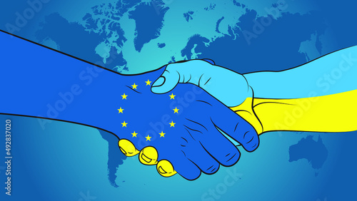 Ukraine and European Union make an arrangement. Handshake Ukraine and EU. Ukraine–EU relations. 