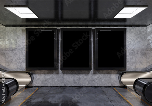 Three blank billboards on underground subway wall Mockup. Hoardings advertising triptych on train station interior 3D rendering