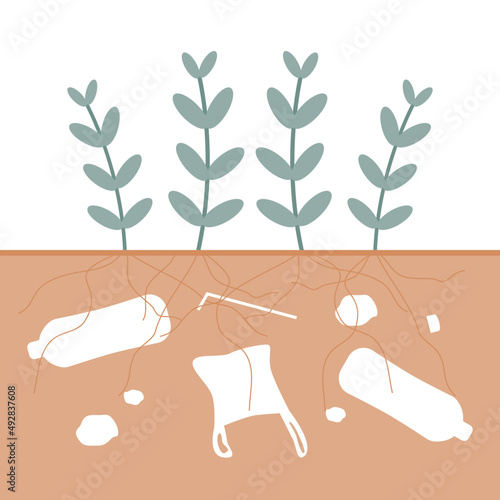 Discarded plastic garbage landfill on underground with grass tree, concept soil polluted flat vector design.