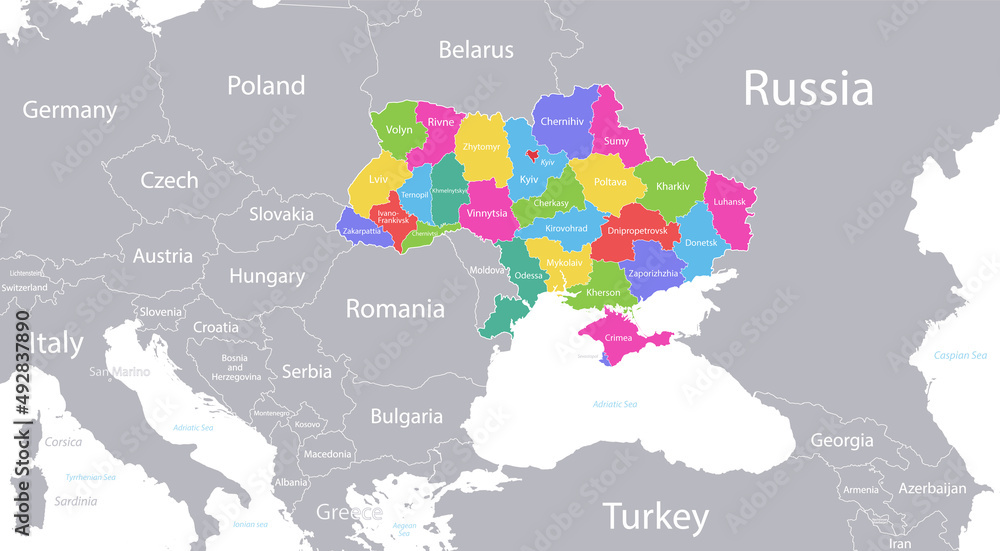 Ukraine map with individual regions colored and capital city, with individual neighboring states with names vector