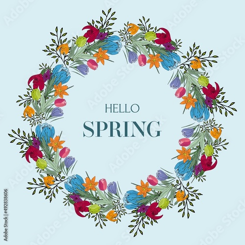 Primrose flowers wreath for the holiday. Colorful illustration. Picture.
